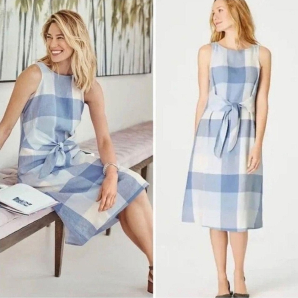 J.jill Blue and White Gingham Linen Tie Front Sleeveless Dress